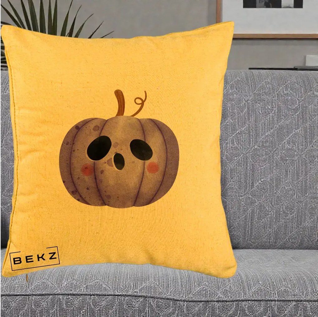 Perna Decorativa Dovleac Halloween Mov Kawaii, 40x40 cm, Galben, Husa Detasabila, Perna Inclusa, BEKZ®