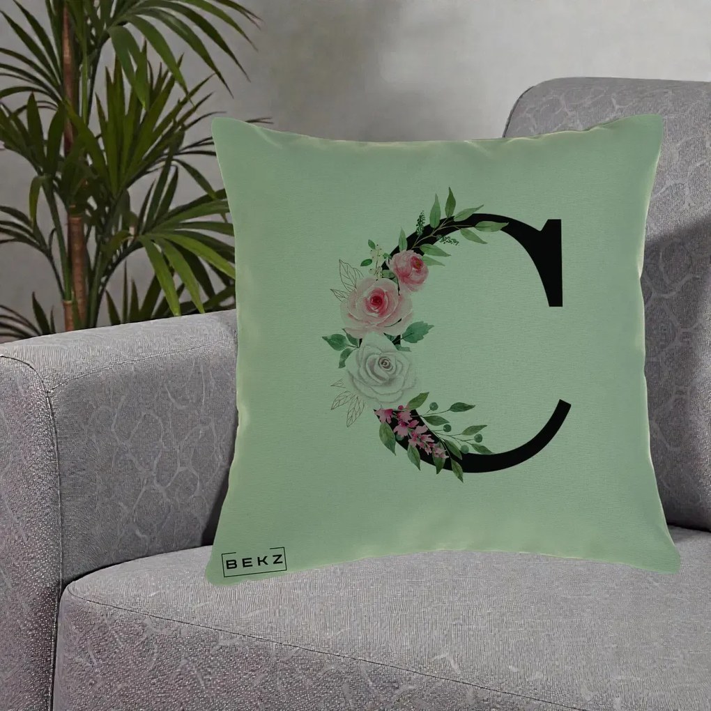 Cadou Personalizat - Perna Personalizata Monograma Florala Litera C, 40x40 cm, Verde, Husa Detasabila, Perna Inclusa, BEKZ®