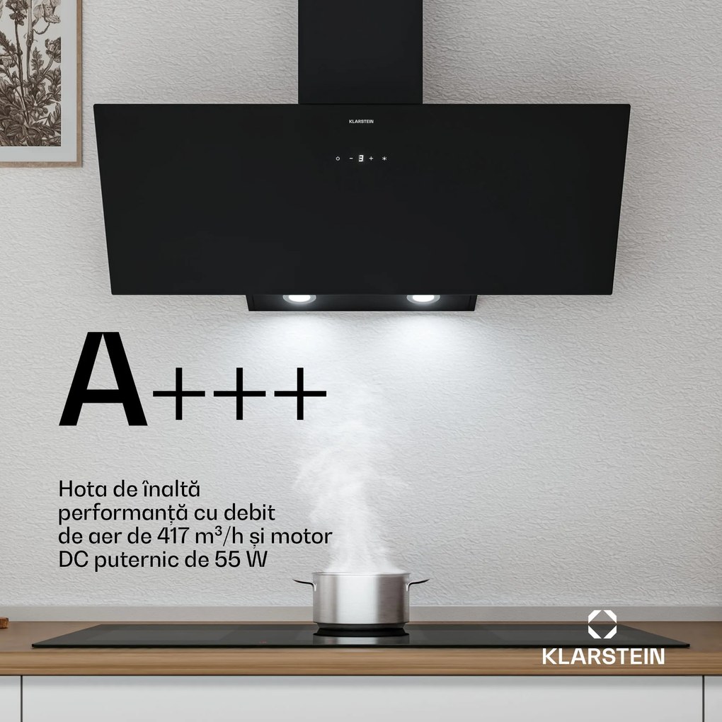 Klarstein Hota înclinată Laurel | mod de evacuare și recirculare a aerului | sticlă de siguranță | 417 m³/h | 90 cm