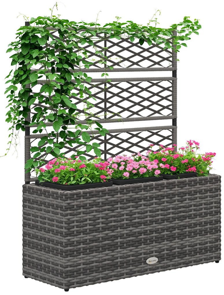 Outsunny Ghiveci pentru plante cu trei bazine 33L din rășină impletită și oțel dim. 84L x 30L x 107H cm | Aosom Romania