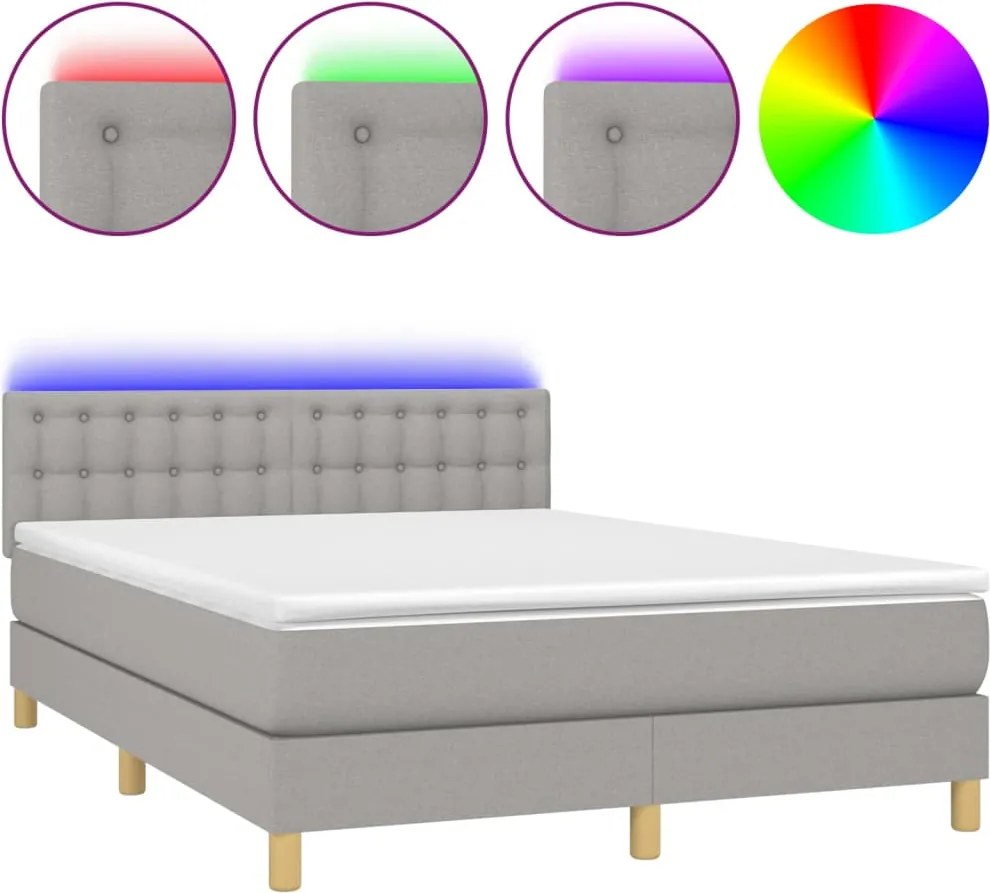 vidaXL Pat cu arcuri, saltea și LED, gri deschis, 140x200 cm, textil