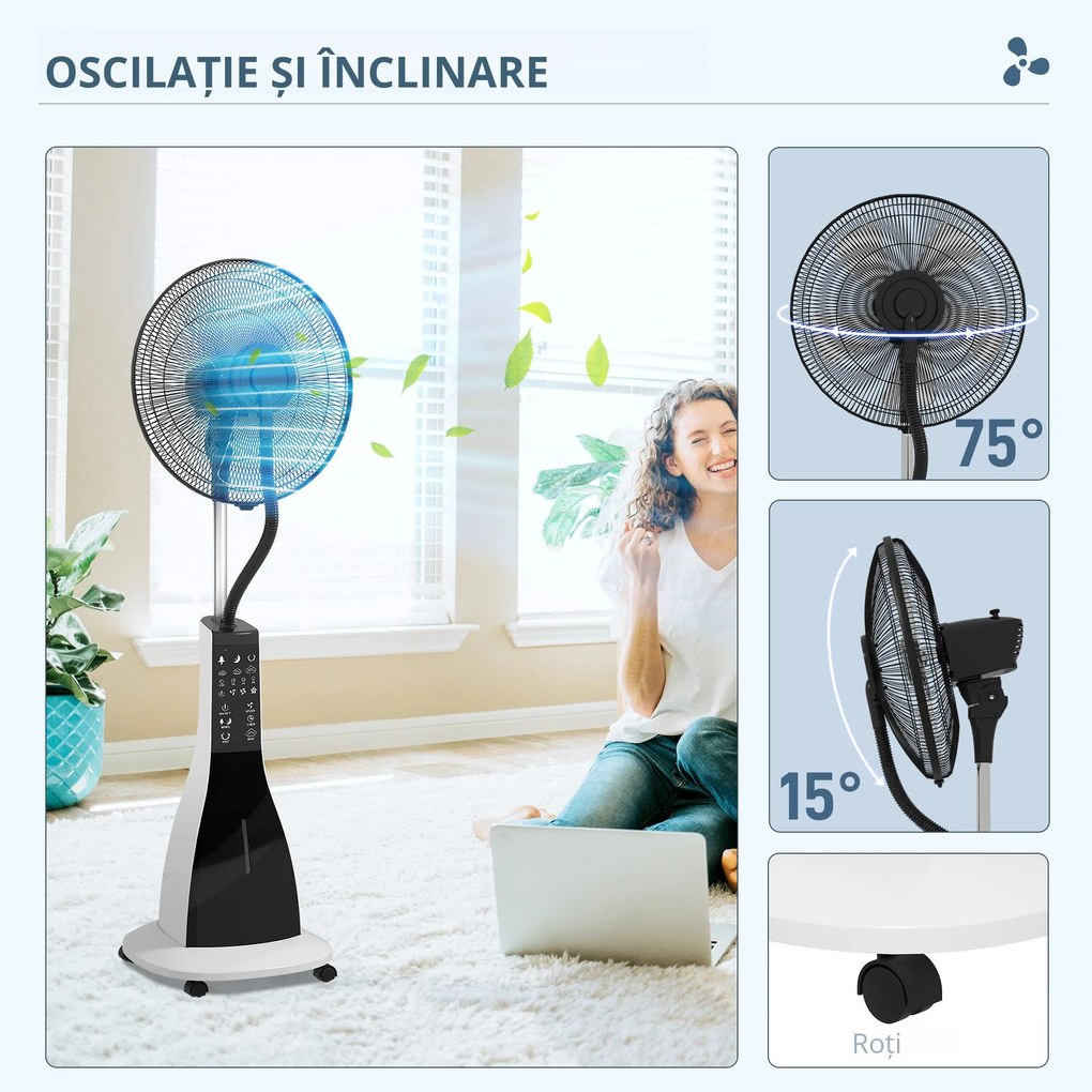 HOMCOM Ventilator Nebulizant cu Cronometru, 3 Moduri, 3 Viteze, Platformă Metalică și Platformă ABS, 44.5x38.5x120 cm, Negru | Aosom Romania