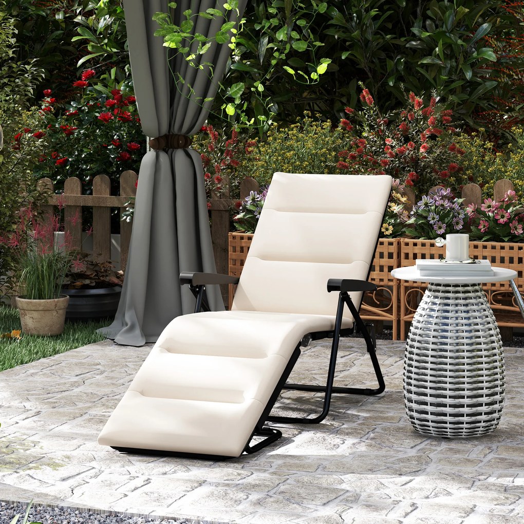 Outsunny Șezlong pliabil reglabil 6 poziții cu saltea + cotiere oțel/poliester 153 x 58,5 x 89 cm crem | Aosom Romania