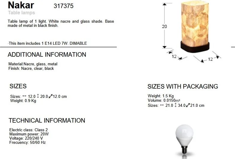 Veioza, Lampa metal negru, sidef alb Nakar