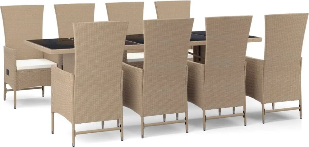 vidaXL Set de masă pentru grădină, 9 piese, cu perne, bej, poliratan