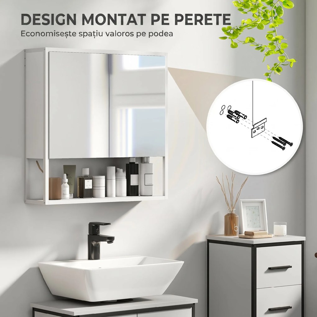 HOMCOM Dulap de Baie de Perete cu Oglindă, Dulap cu Raft Reglabil și Raft Deschis, 60x16x60 cm, Alb | Aosom Romania