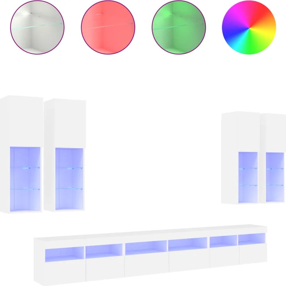 vidaXL Set comode TV de perete, 7 piese, cu lumini LED, alb