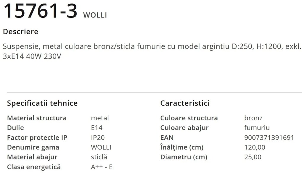 Lustra moderna cu 3 pendule WOLLI bronz/fumuriu 15761-3 GL