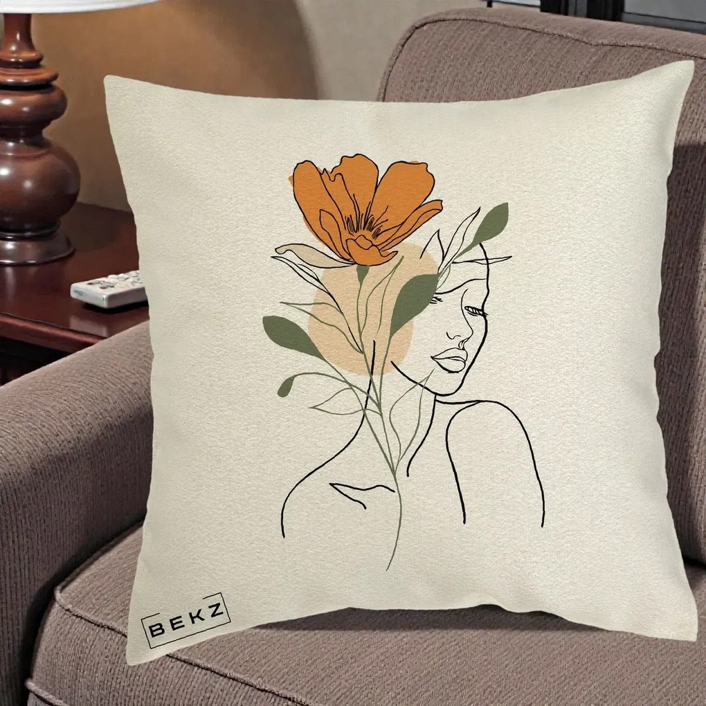 Perna Decorativa Portret Feminin Floare Portocalie, 40x40 cm, Ecru, Husa Detasabila, Perna Inclusa, BEKZ®