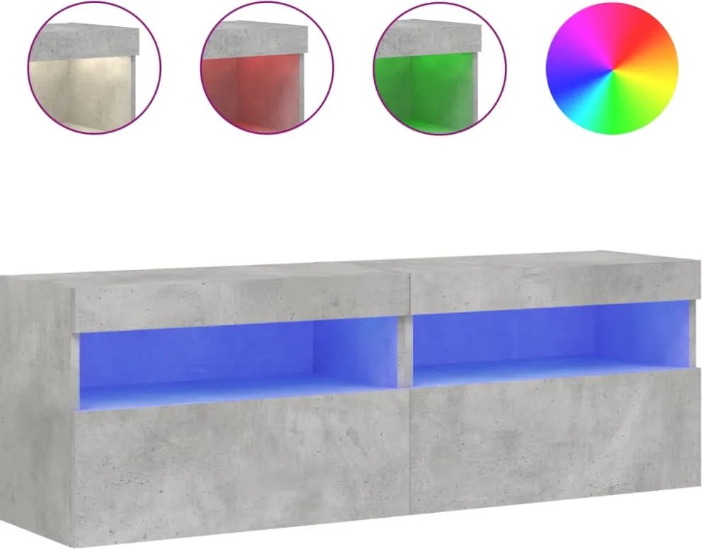 vidaXL Comode TV de perete cu lumini LED 2 buc. gri beton 60x30x40 cm