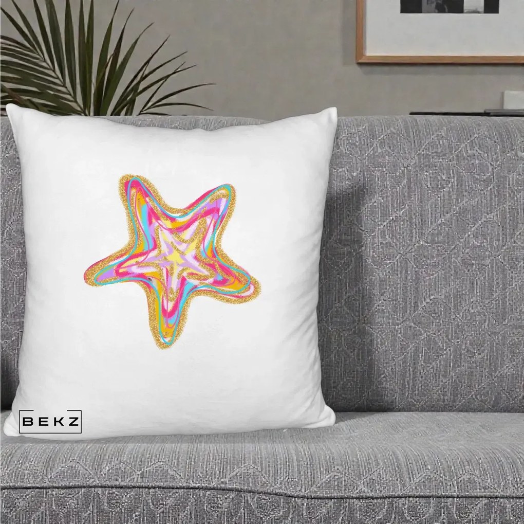 Perna Decorativa Stea de Mare Neon Curcubeu, 40x40 cm, Alb Pufos, Husa Detasabila, Perna Inclusa, BEKZ®