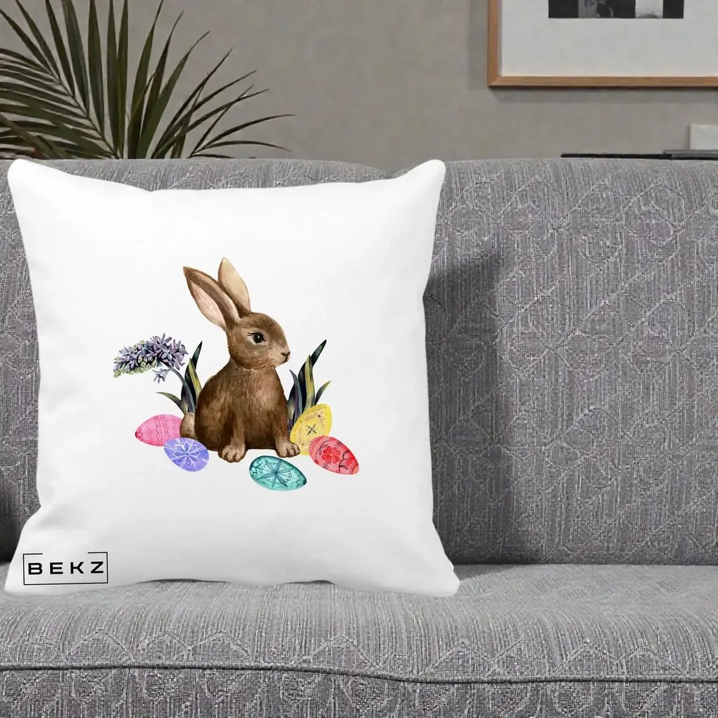 Perna Decorativa Iepuras cu Oua de Pasti Acuarela, 40x40 cm, Alba Mata, Husa Detasabila, Perna Inclusa, BEKZ®