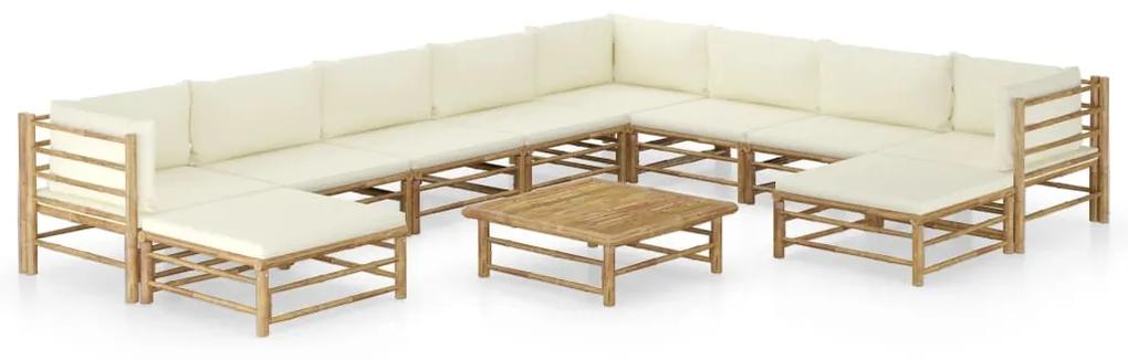 Set mobilier gradina cu perne alb crem, 11 piese, bambus Crem, 3x colt + 5x mijloc + 2x suport pentru picioare + masa, 1