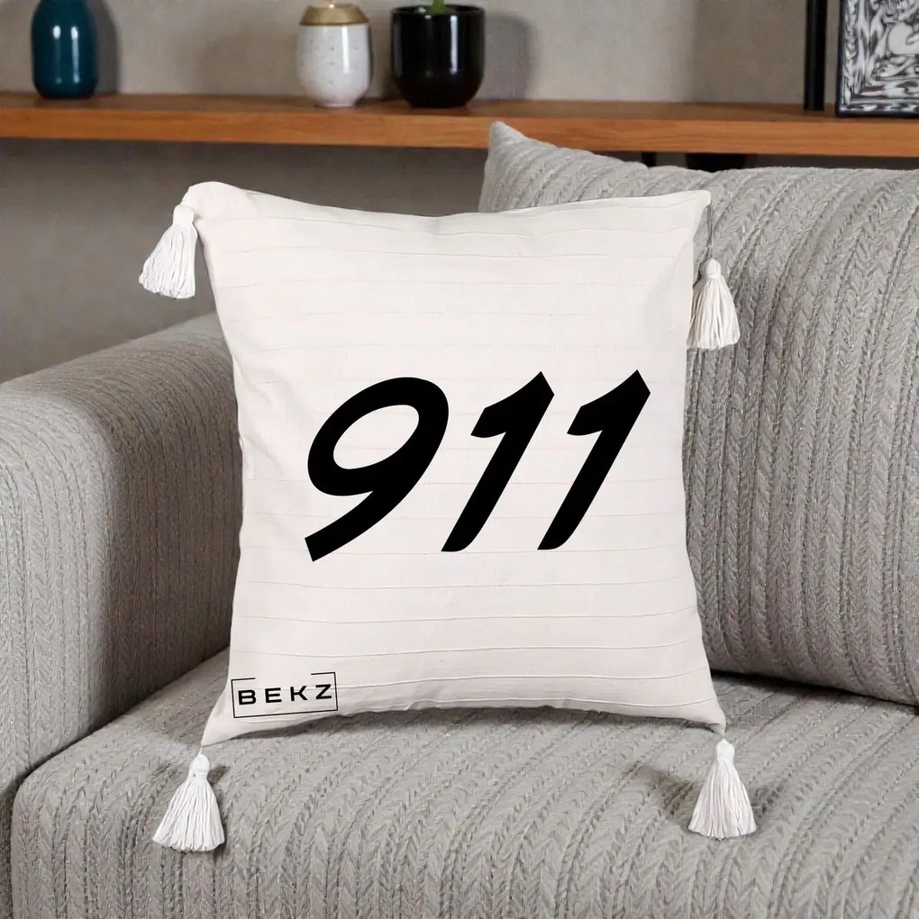 Perna Personalizata 911 Bold, 40x40 cm, Bej cu Franjuri, Husa Detasabila, Perna Inclusa, BEKZ®