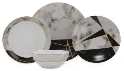 Set de masă, 24 piese, porțelan, negru/alb/auriu