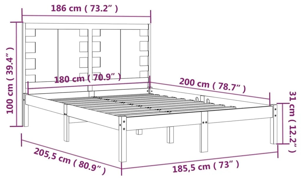 Cadru de pat Super King 6FT, negru, 180x200 cm, lemn masiv Negru, 180 x 200 cm