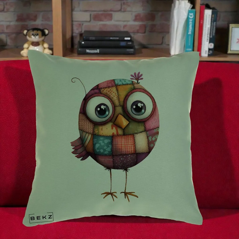 Perna decorativa Pasare Patchwork Roz cu Floare, 40x40 cm cu Umplutura, Verde, BEKZ