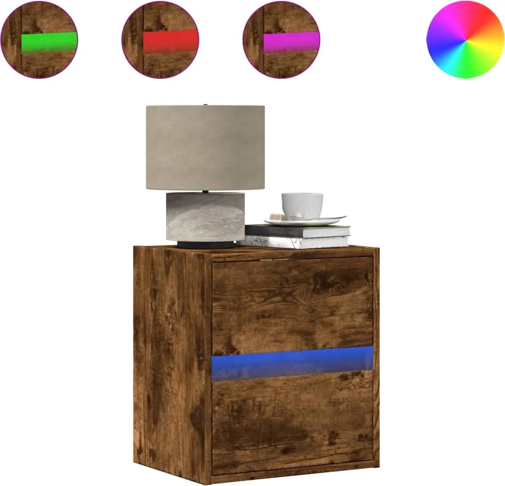 vidaXL Noptieră montată pe perete cu lumini LED, stejar fumuriu