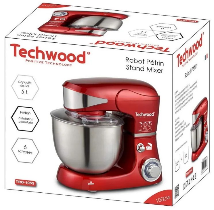 Mixer planetar Techwood TRO-1055, 1000W, 5 litri, 6 viteze, 3 accesorii, Rosu/Inox