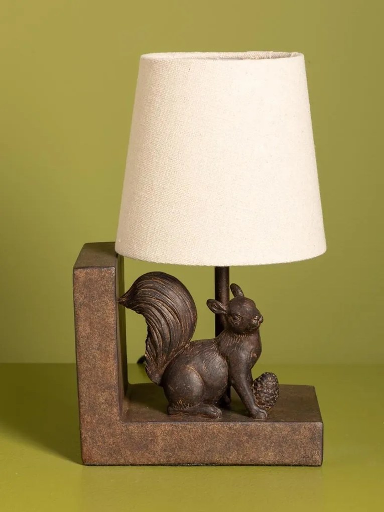 Set 2 lămpi de masă din bumbac bej, cu structură din rășină maro în formă de veveriță, finisaj patinat, 28×31×13 cm, „Squirrel"