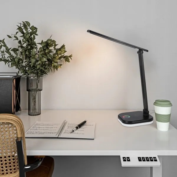 Lampă de birou LED RGBW dimabilă, cu încărcare wireless, 7W, 5V USB, negru
