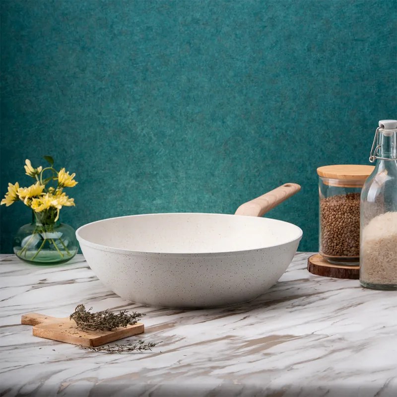 Tigaie wok Oliver Voltz Nice OV54420E30, 30 cm, Finisaj marmura, Inductie, Crem melange