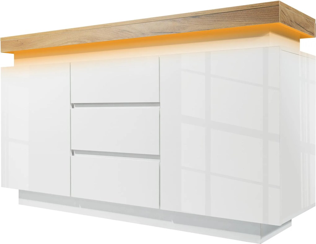 Comodă sideboard cu 2 uși și 3 sertare, iluminare LED, 140x39x81 cm, Alb