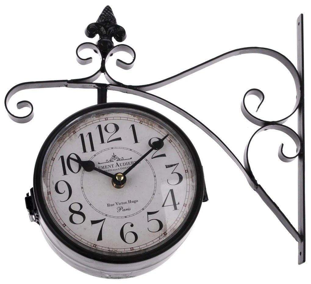 Ceas metalic suspendat, cu două fețe, negru,31 x 30 cm