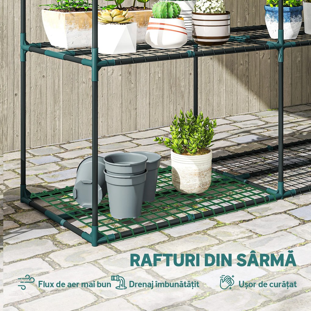 Outsunny Suport Vertical pentru Plante cu 3 Niveluri din Oțel și Plastic, Suport Ghivece pentru Interior și Exterior, Grădină, Balcon, 143x48x100 cm, Verde Închis | Aosom Romania