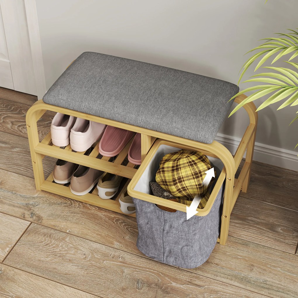 HOMCOM Bancă pentru Pantofi din Bambus cu 2 Rafturi și Coș Detașabil, 70x30x45 cm, Lemn | Aosom Romania