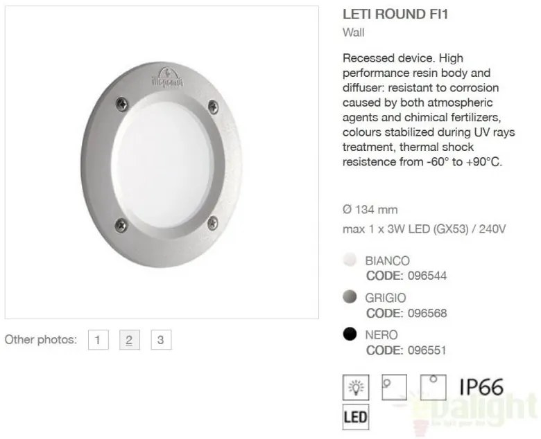Spot incastrabil pt. exterior, diam.13,4cm, IP66, LED LETI ROUND FI1 BIANCO 096544