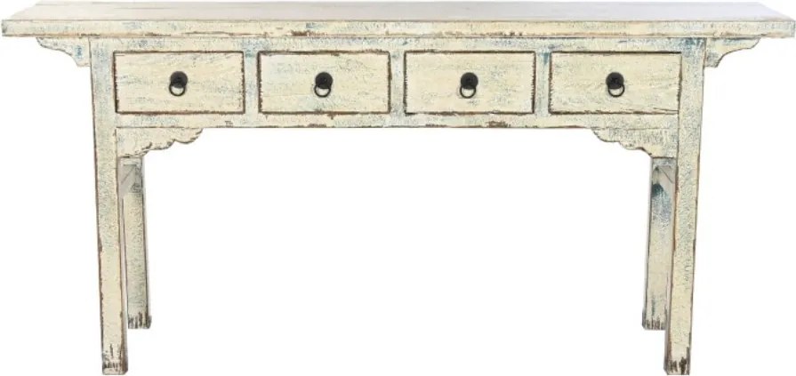 Consolă hol vintage din lemn de ulm, crem, cu 4 sertare, mânere cu inel și colțare decupate, 85 x 178 x 38 cm, „Harmony”