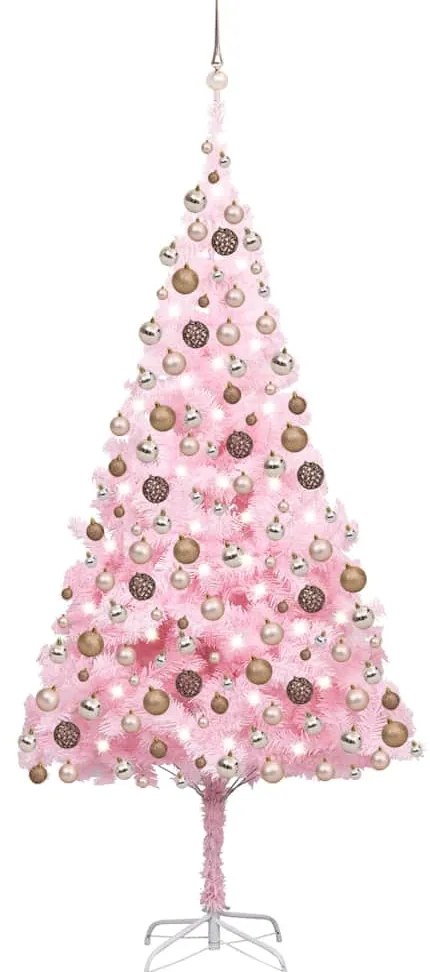 vidaXL Brad Crăciun pre-iluminat cu set globuri, roz, 240 cm, PVC
