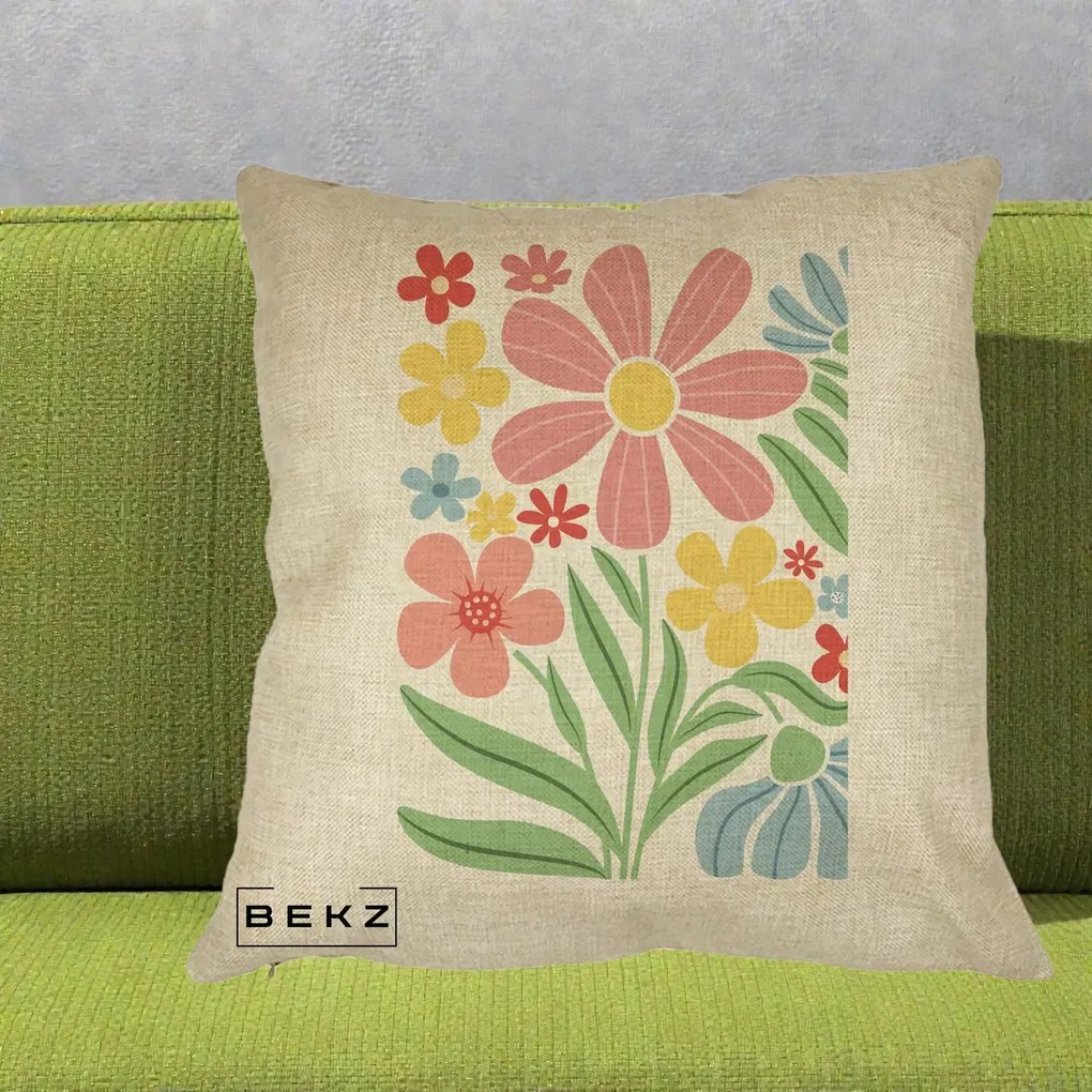 Perna Decorativa Flori Grafice Roz Pastel, 40x40 cm, Crem, Husa Detasabila, Perna Inclusa, BEKZ®