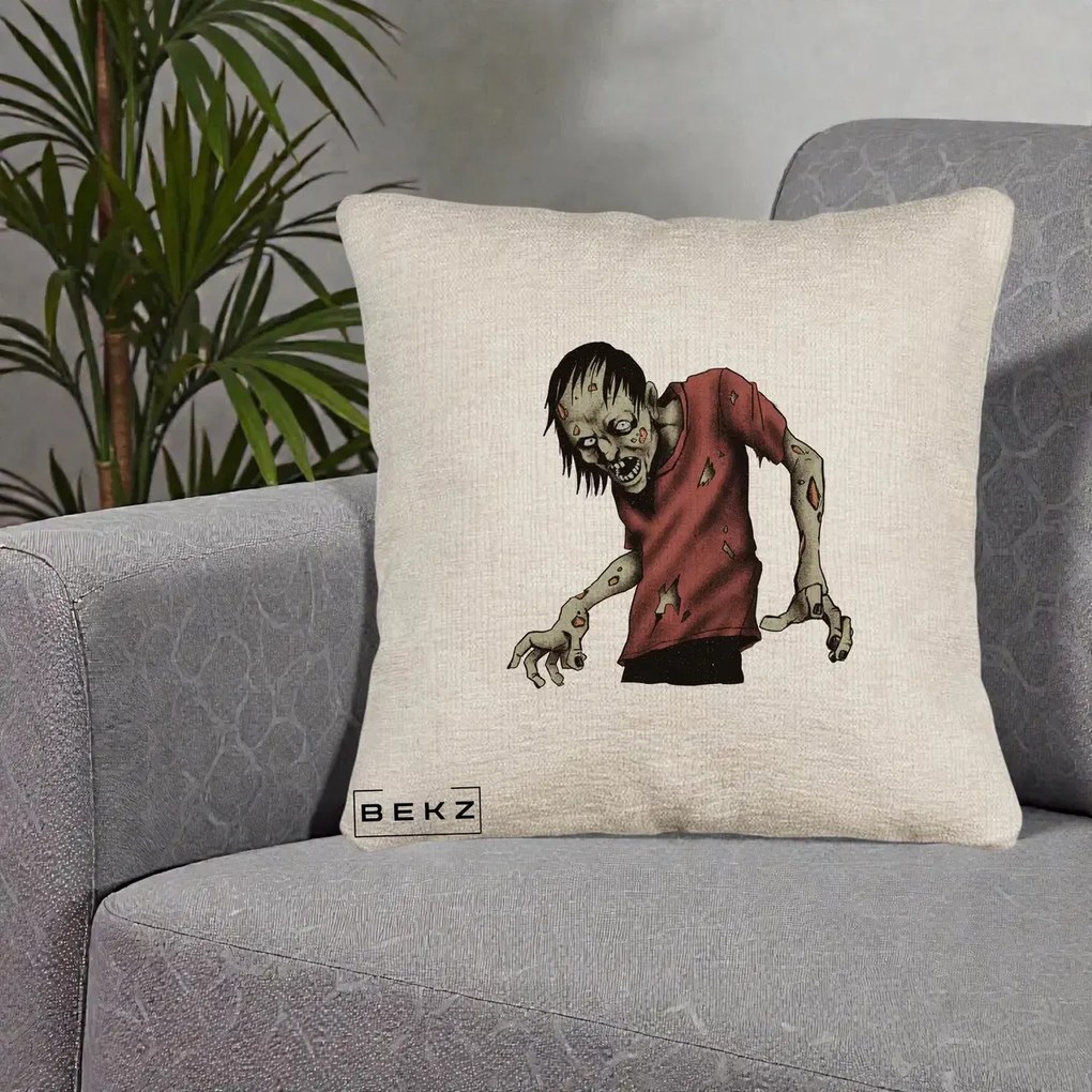 Perna Decorativa Halloween Zombie Infricosator, 40x40 cm, Bej Canapea, Husa Detasabila, Perna Inclusa, BEKZ®