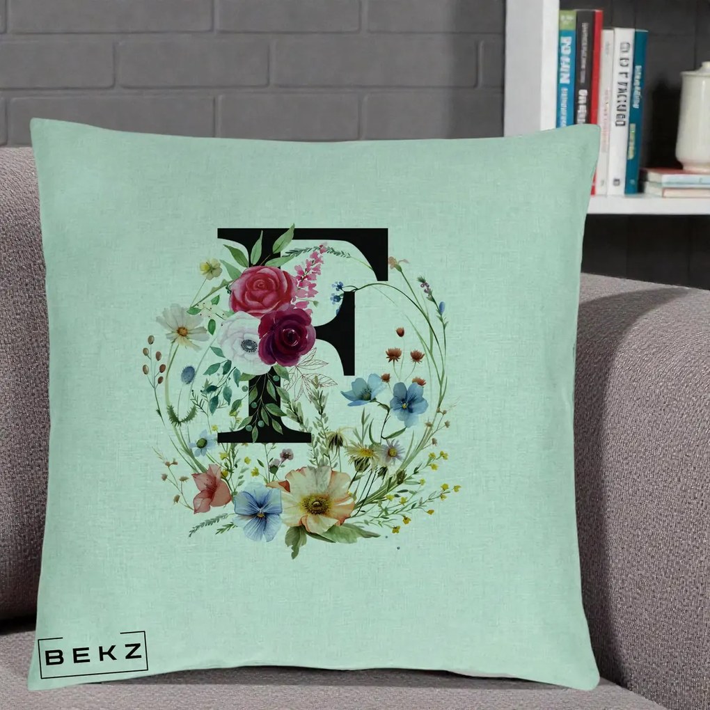Cadou Personalizat - Perna Personalizata Monogram Litera F cu Flori Acuarela, 40x40 cm, Verde Menta, Husa Detasabila, Perna Inclusa, BEKZ®