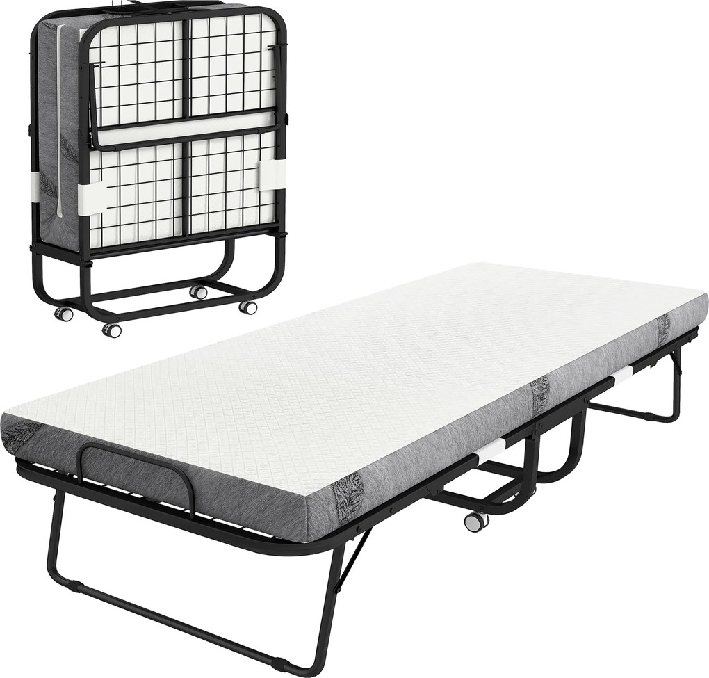 HOMCOM Pat Pliabil Single 90x200 cm cu Saltea de 10 cm Grosime, Cadru din Metal și Roți cu Frână, Negru | Aosom Romania