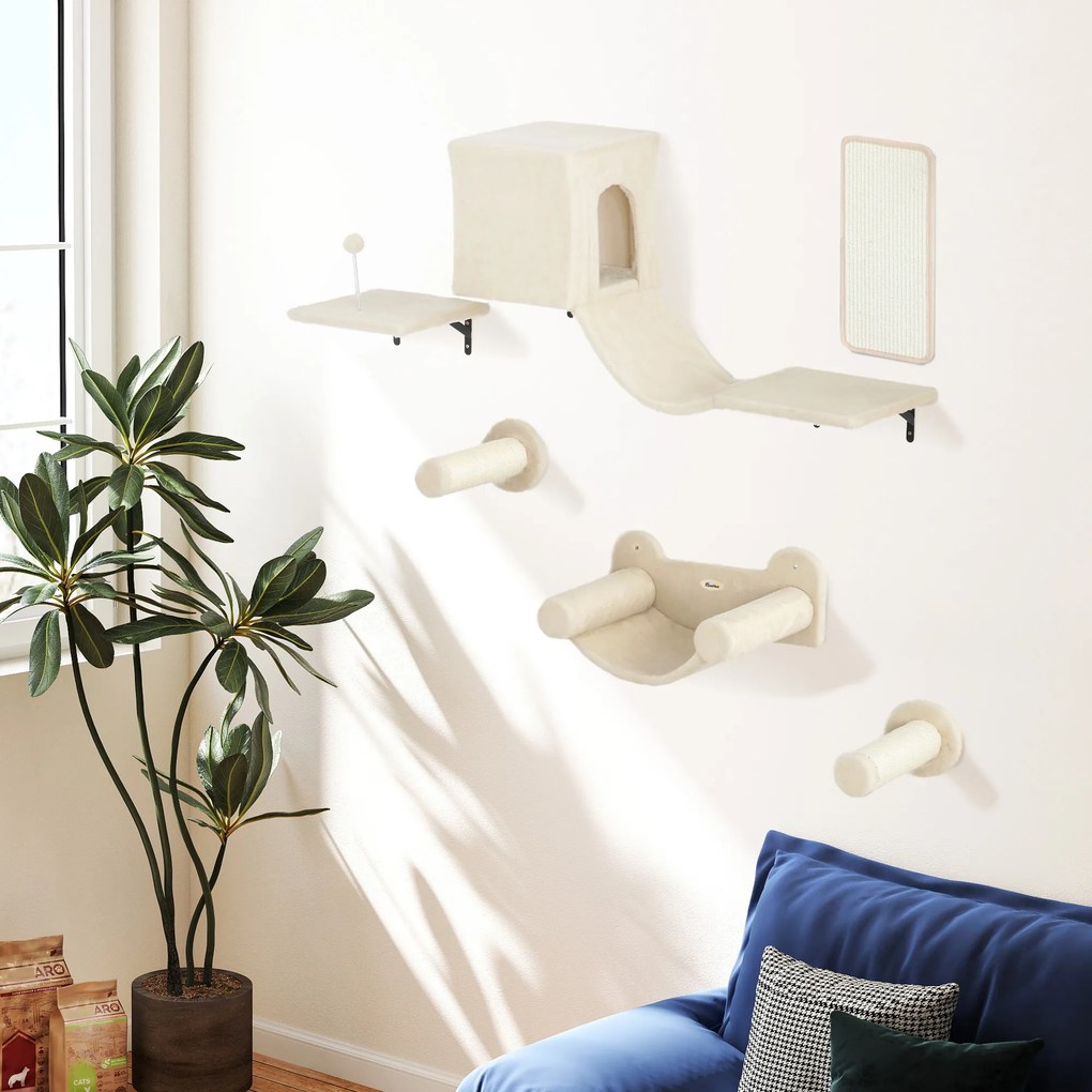 PawHut Set de Catarare pentru Pisici de Perete 6 Piese cu Condominiu Platformă Hamac Scări și Placă de Zgâriat Bej | Aosom Romania