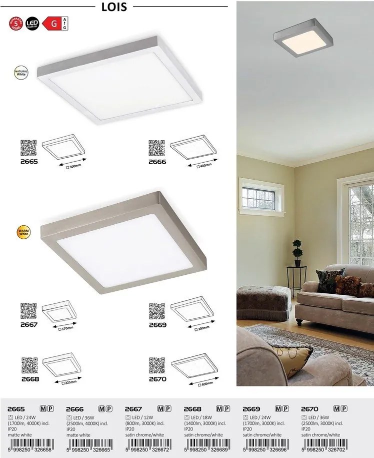 Plafoniera LED design modern LOIS crom satin, alb 22,5x22,5cm