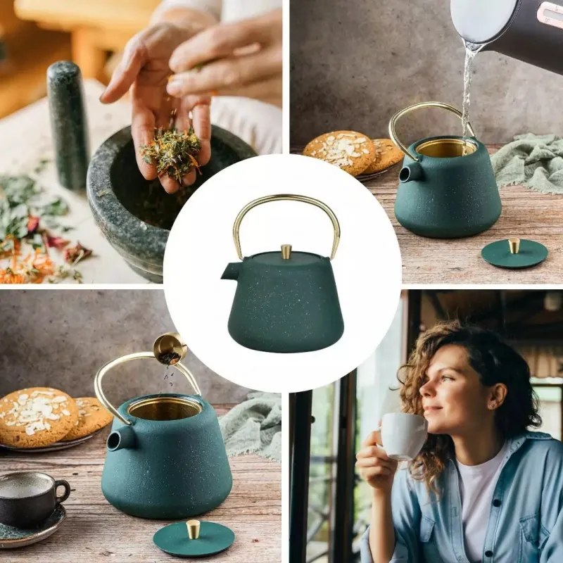 Ceainic din fonta cu infuzor Kinghoff KH 1933, 1 l, Interior emailat, Inducție, Verde