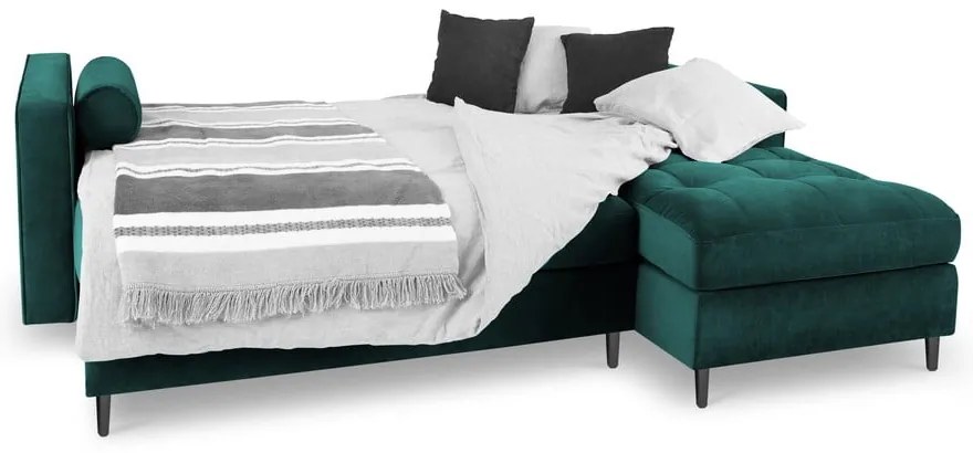 Colțar extensibil din catifea cu șezlong dreapta Milo Casa Santo, verde petrol