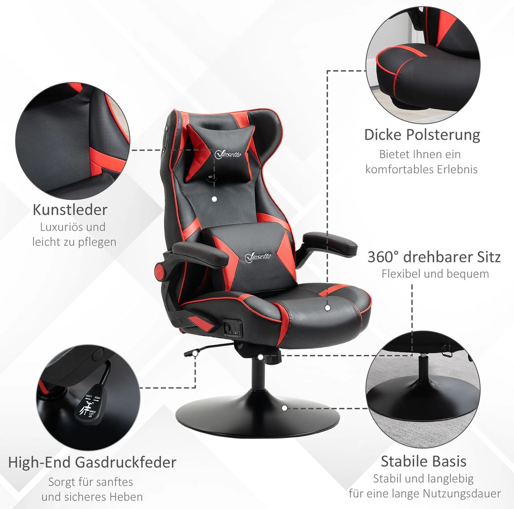 Scaun de gaming Vinsetto, scaun de gaming, difuzoare integrate, spătar inclinabil, negru+roșu, 69 x 73 x 118cm | Aosom Romania
