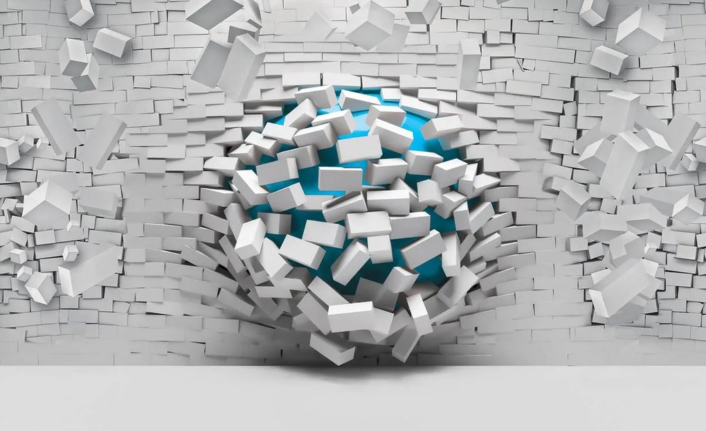 Fototapet - 3D mingea albastră și peretele alb din cărămizi (254x184 cm), în 8 de alte dimensiuni noi