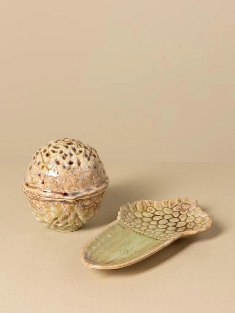 Set 2 recipiente decorative din ceramică artizanală natur, formă de nucă și ghindă, 13 × 21,5 × 11,5 cm, „Acorn"