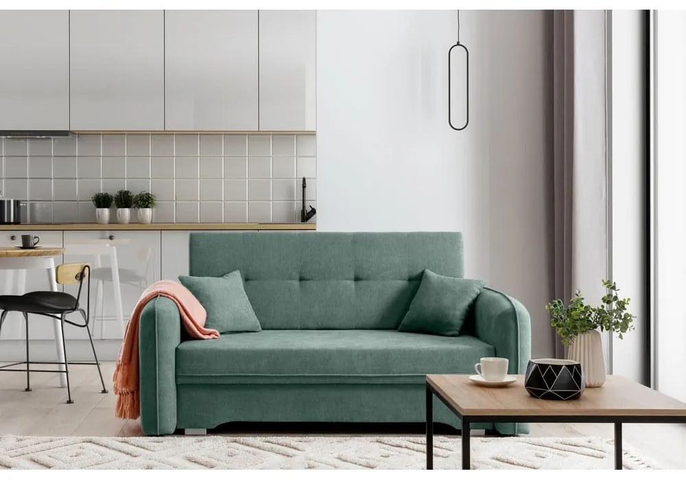 Canapea verde extensibilă/cu spațiu de depozitare cu tapițerie din chenille 155 cm Laine – ELTAP