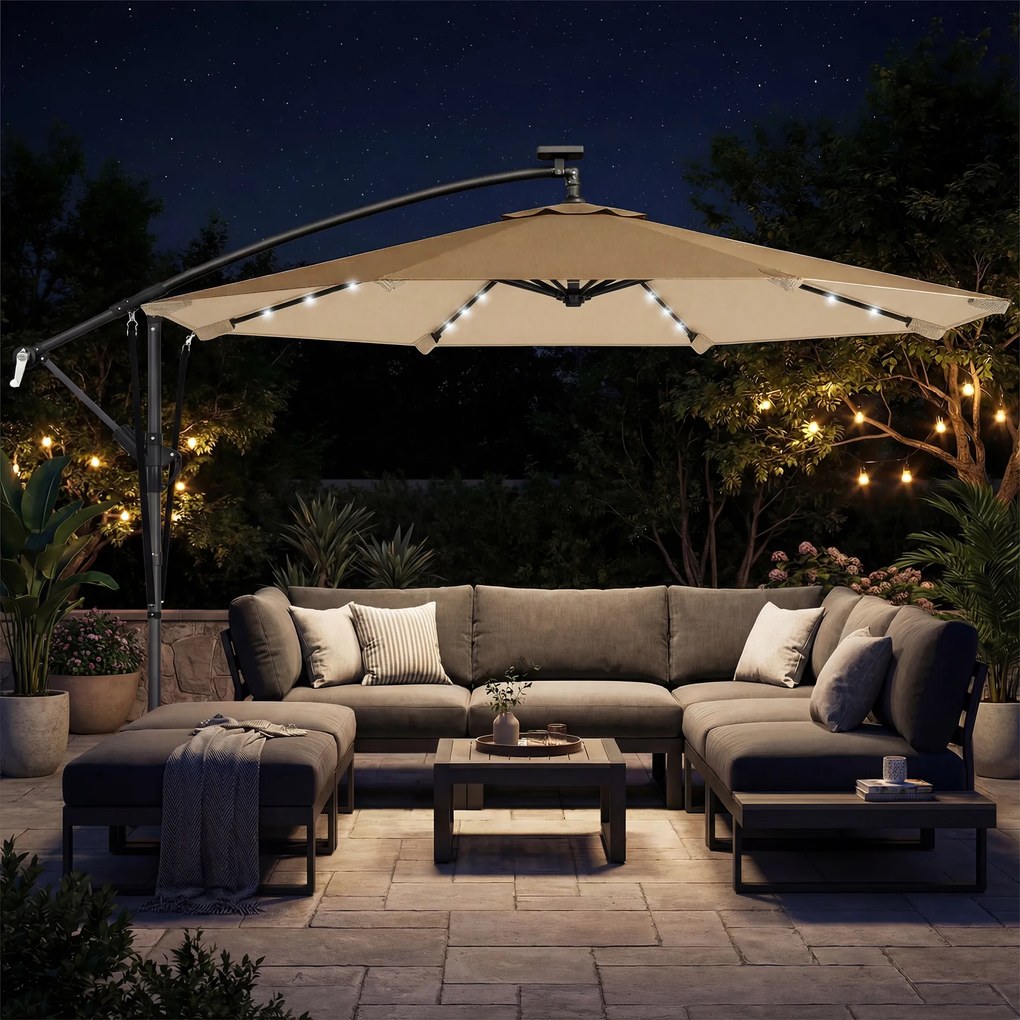 Outsunny Umbrelă de Grădină Suspendată cu LED-uri Solare, 3x3m, Bej | Aosom Romania