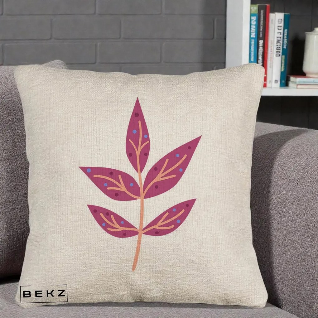Perna Decorativa Ramura Botanica Mov, 40x40 cm, Bej Canapea, Husa Detasabila, Perna Inclusa, BEKZ®
