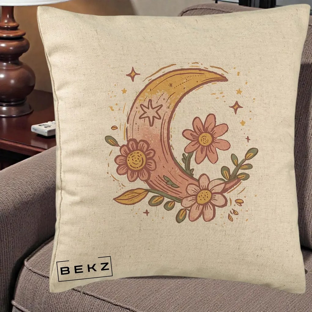 Perna Decorativa Luna Florala Boho, 40x40 cm, Bej, Husa Detasabila, Perna Inclusa, BEKZ®