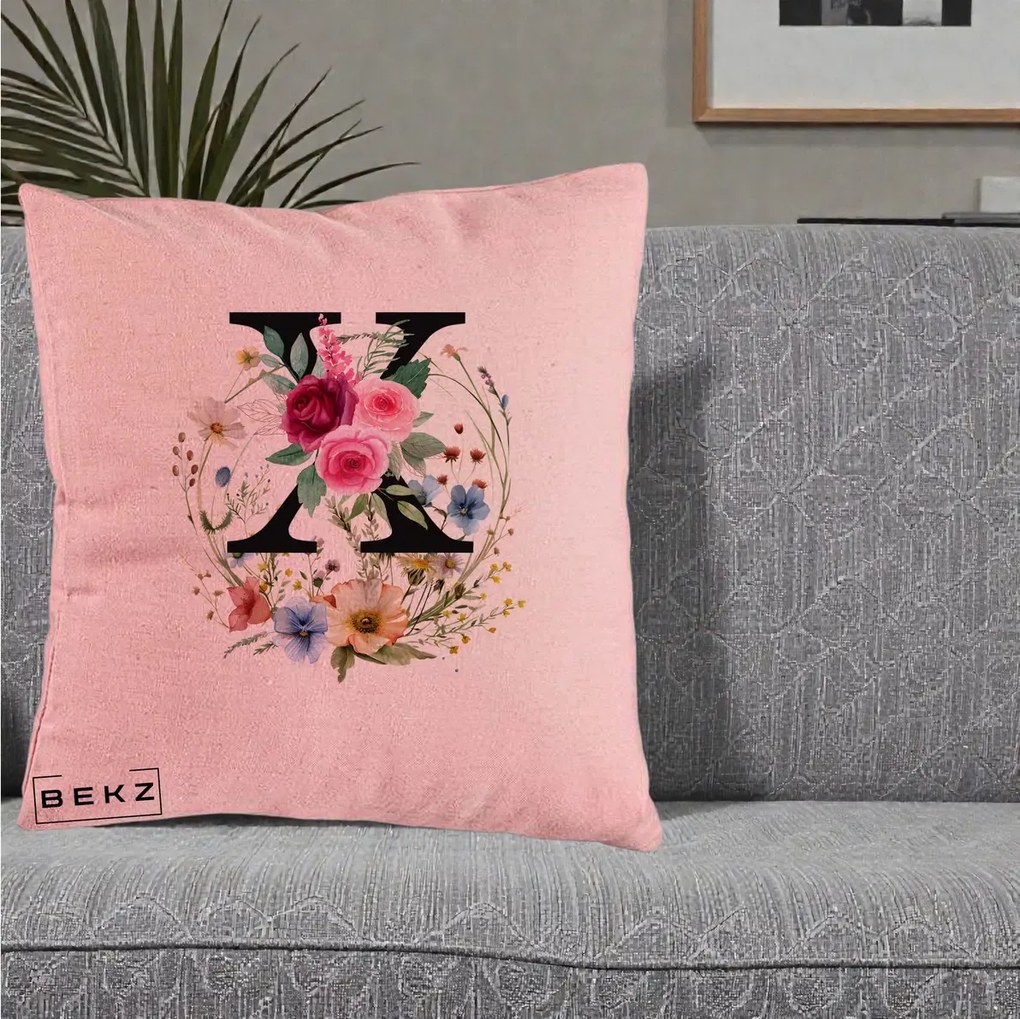Cadou Personalizat - Perna Personalizata Monograma Florala Litera X cu Coroana, 40x40 cm, Roz, Husa Detasabila, Perna Inclusa, BEKZ®