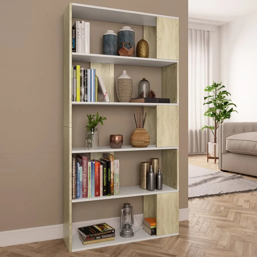 800104 vidaXL Bibliotecă/Separator cameră alb&stejar sonoma 80x24x159 cm PAL